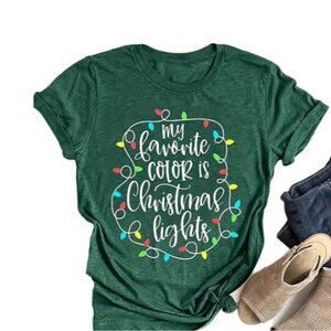 Christmas Lights & Letter Print Tee, Casual Short Sleeve Crew Neck T-shirt